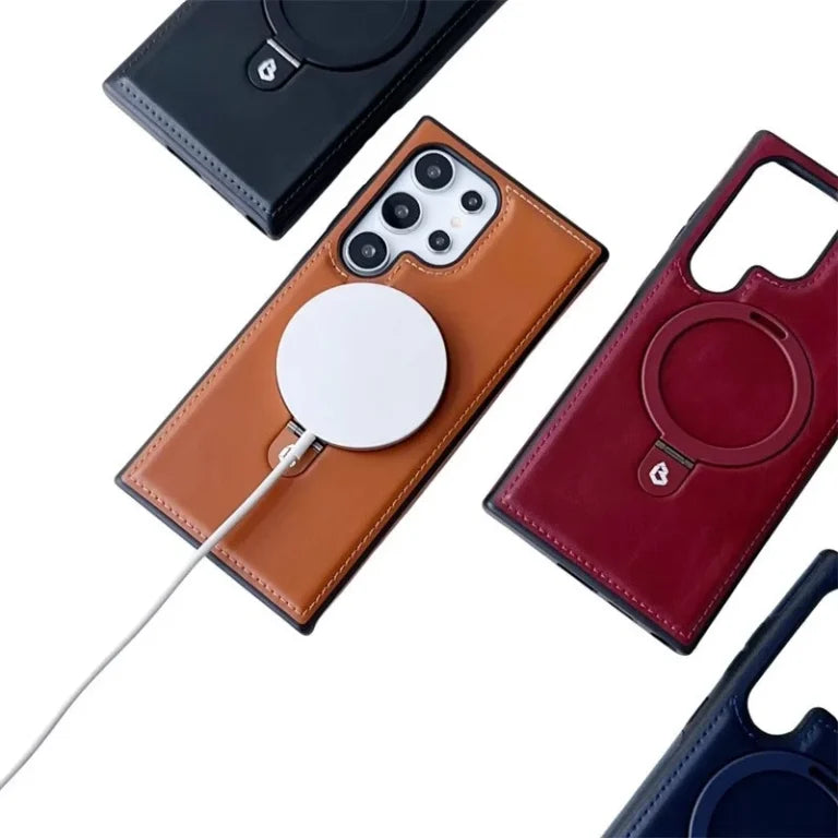 RIMBMAX Luxury Leather MagSafe Kickstand Case Samsung S21 Ultra S22 Ultra S23 Ultra S24 Ultra S25 Ultra
