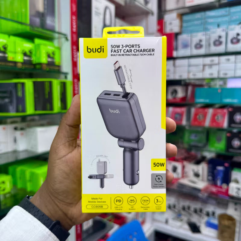 Budi 50W 3 Ports Fast Car Charger Built-in Cable