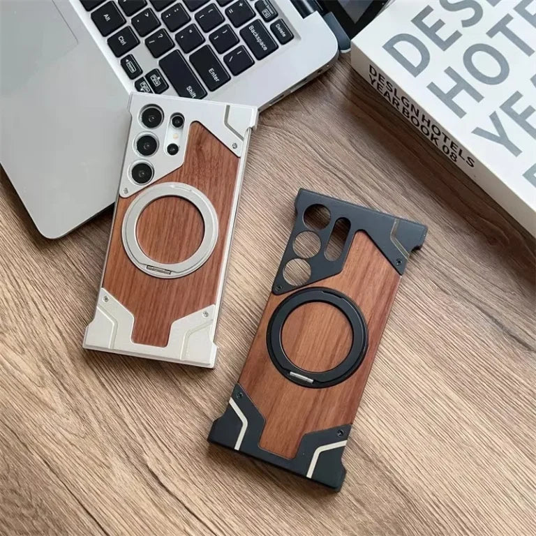 Walnut Wood Aluminium Alloy Frameless MagSafe Kickstand Case Samsung S23 Ultra S24 Ultra S25 Ultra