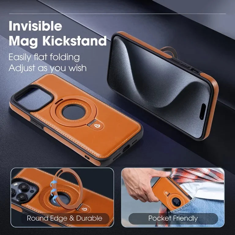 Luxury Leather MagSafe Kickstand Case iPhone 13 14 15 16 17 Pro Max Raised Bezels