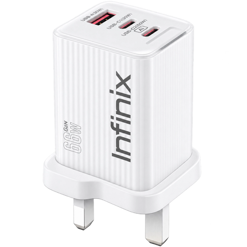 Infinix XDC95 68W GaN Fast Charger – 100W C-C Cable & 3-Port PD
