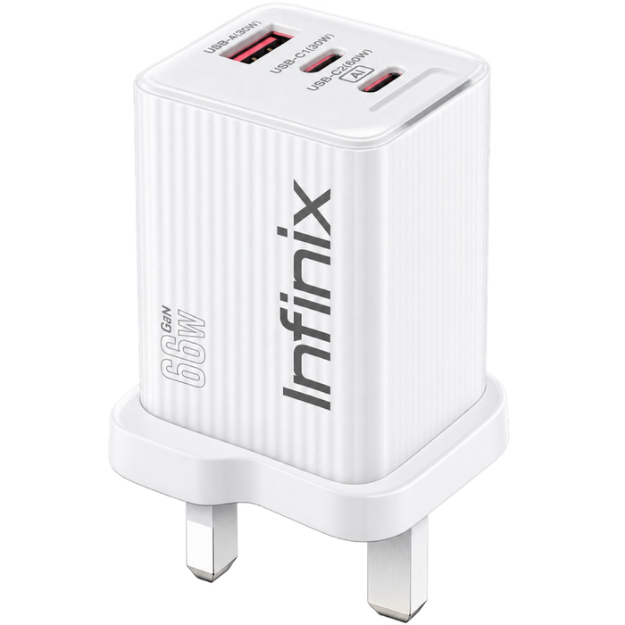 Infinix XDC95 68W GaN Fast Charger – 100W C-C Cable & 3-Port PD