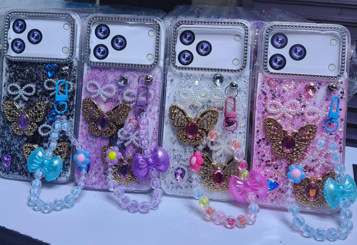 Shiny glitter phone cover with charm